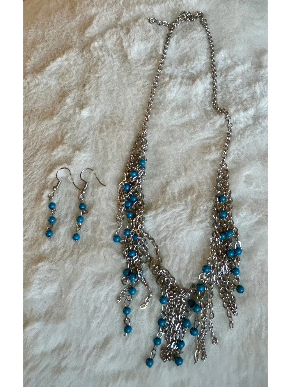 Silver Chain Necklace and Earrings Set with Blue Beads